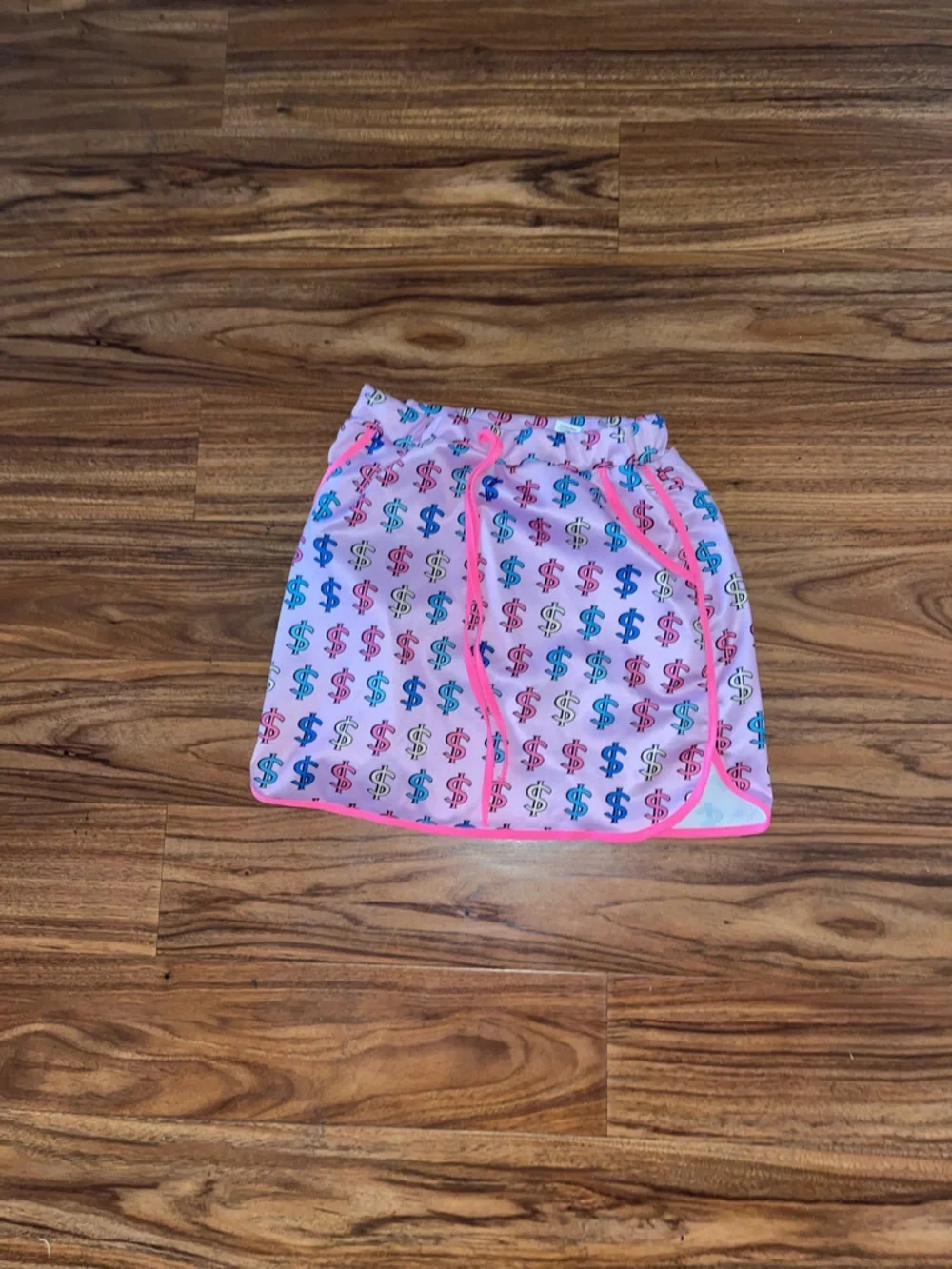 Pink Dollar Sign Print stretch mini Skirt with Neon Trim with pockets